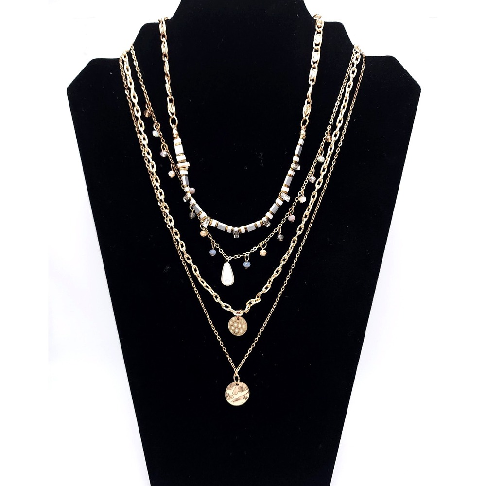 1946 Gold Tone Layered Necklace Faux Pearl Coin Pendant Multi Strand